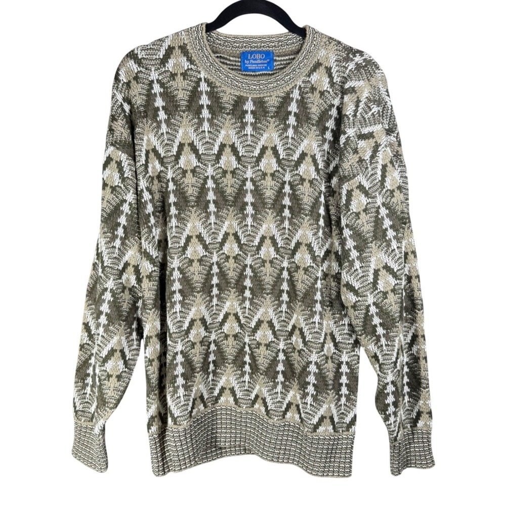 Lobo by Pendleton Sweater Mens Large Green Geometric Knit USA Made